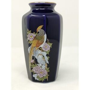 Vintage Japan Golden Pheasant & Lotus Cobalt Blue & Gold - Hand Painted Enamel